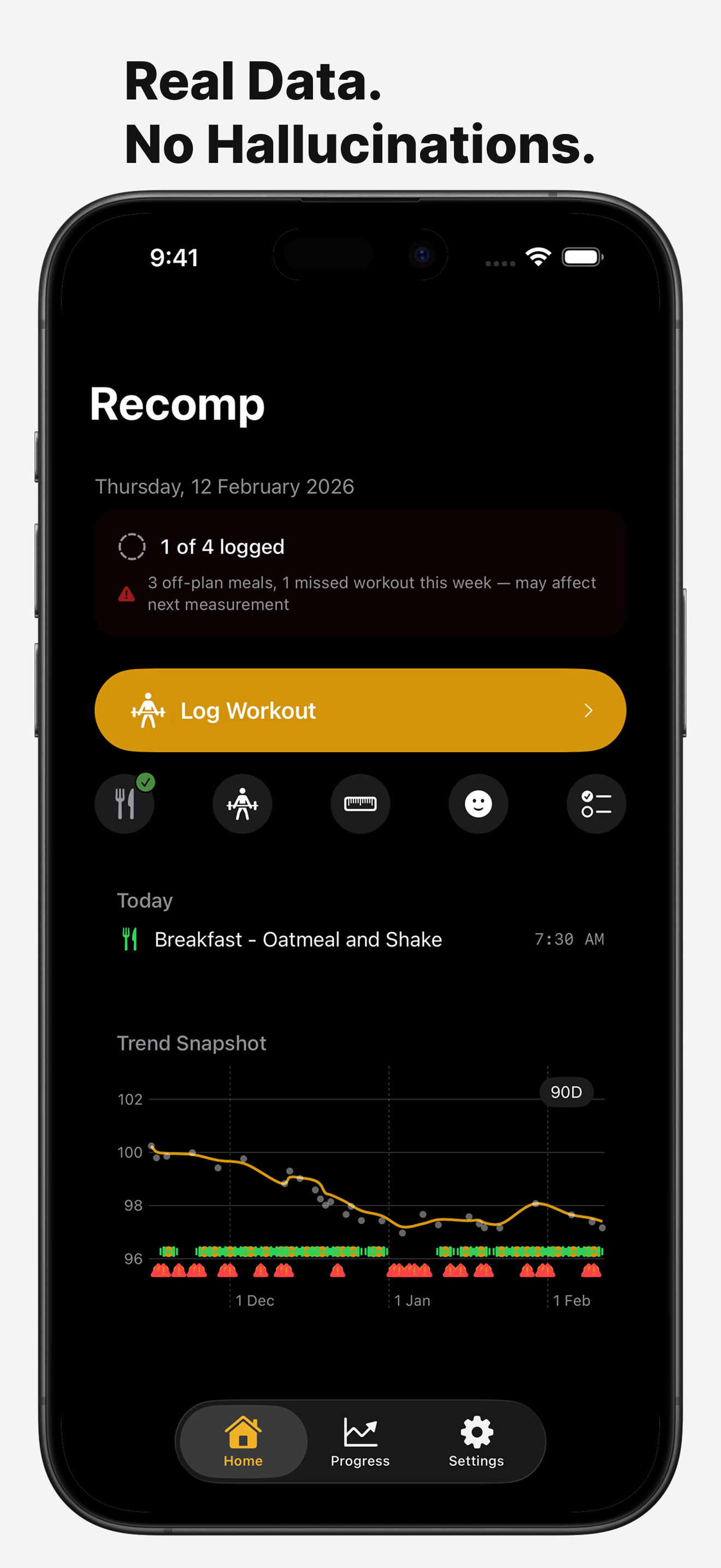 Recomp home screen showing daily logging and trend snapshot