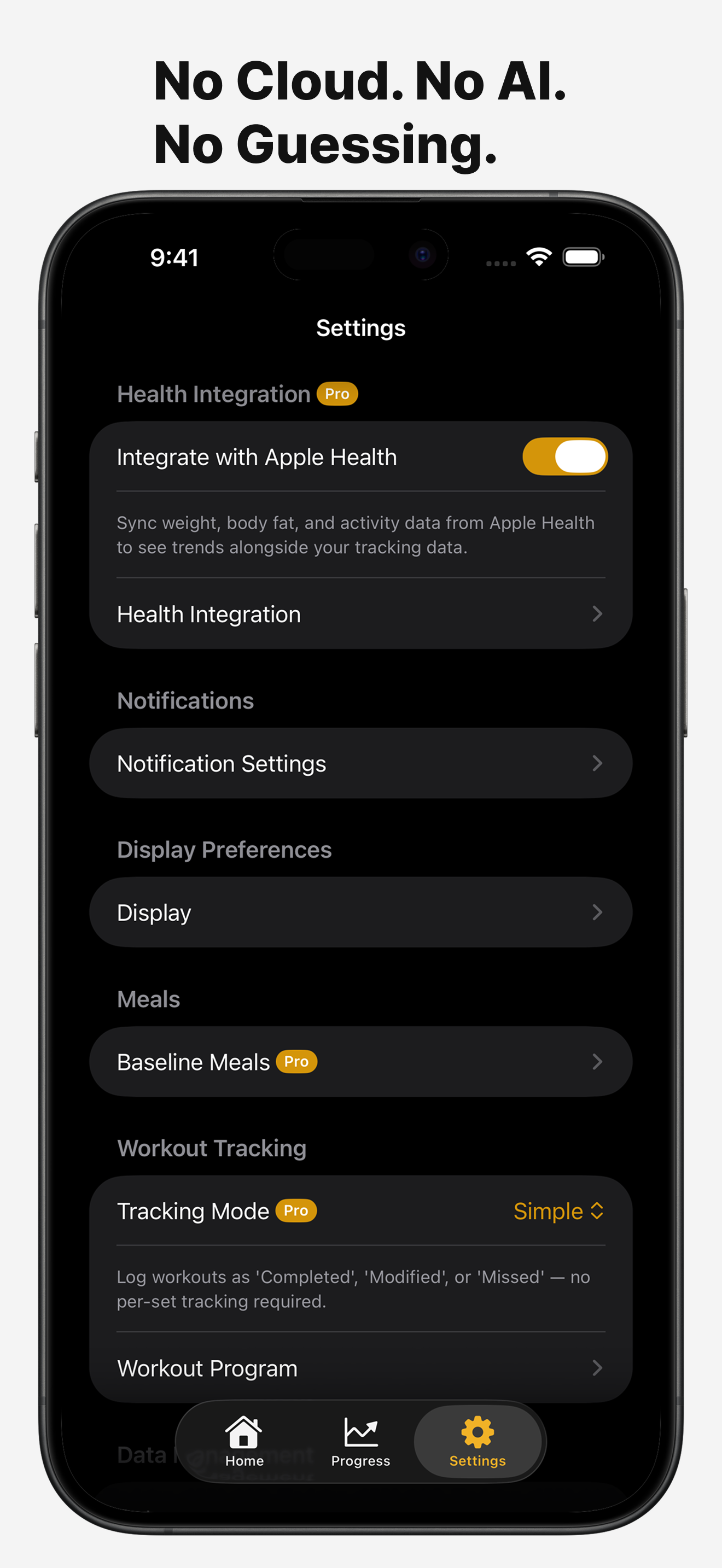 Privacy-first settings showing no cloud sync, no AI